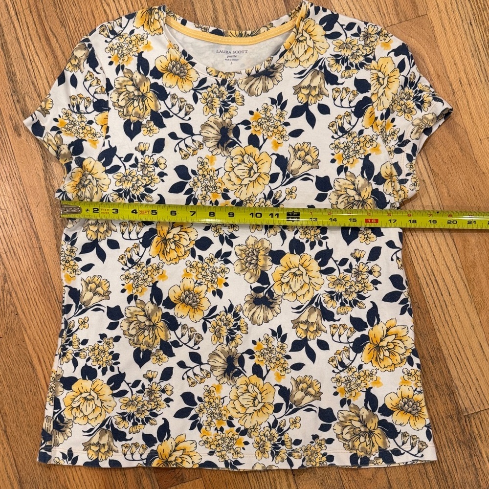 Laura Scott Yellow and Blue Floral Cotton Top Petite Large - Picture 5 of 7